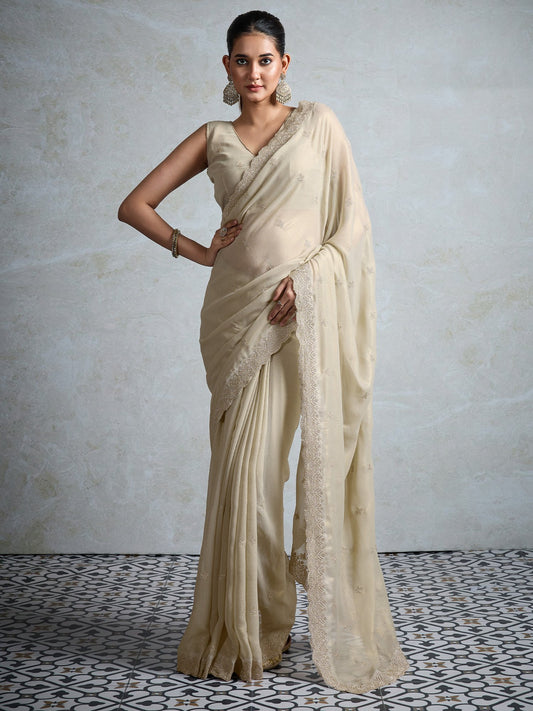 Cream Cream Party Wear Georgette Zari Embroidered Saree