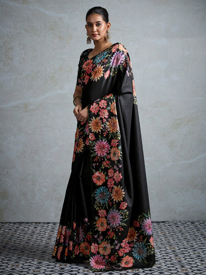 Black Party Wear Tussar Silk Printed Saree