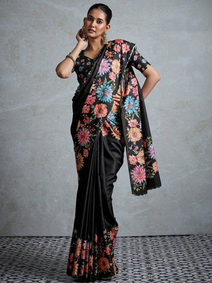 Black Black Party Wear Tussar Silk Printed Saree