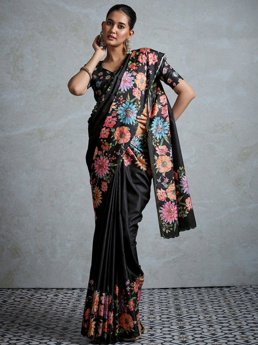 Black Black Party Wear Tussar Silk Printed Saree