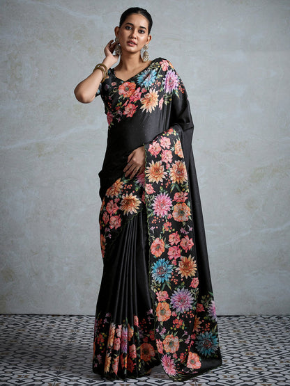 Black Party Wear Tussar Silk Printed Saree