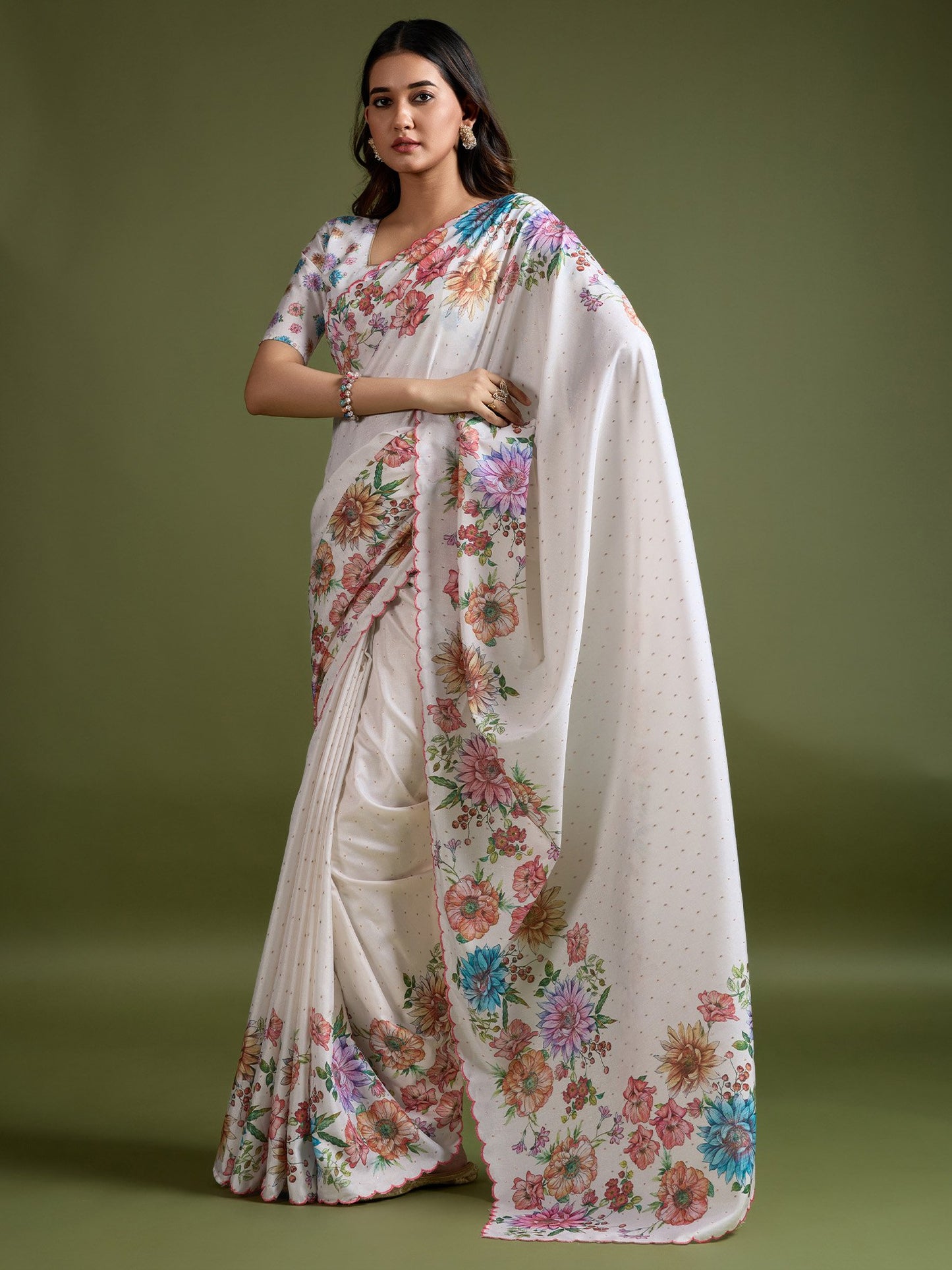 White Party Wear Tussar Silk Printed Saree