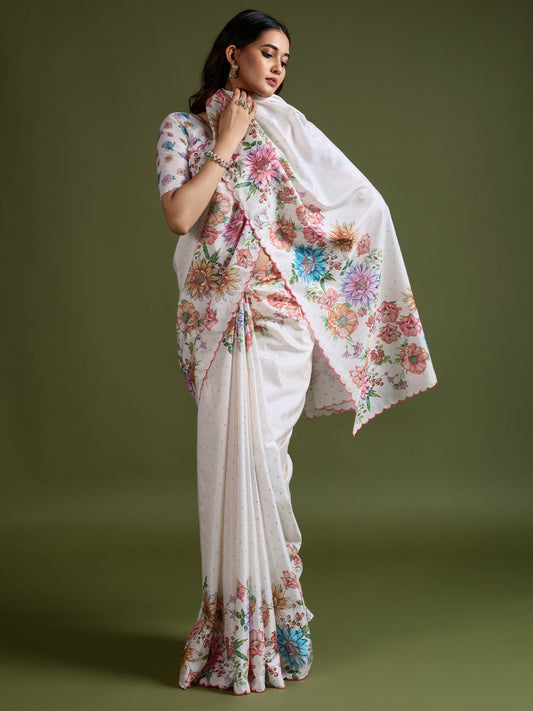 White White Party Wear Tussar Silk Printed Saree