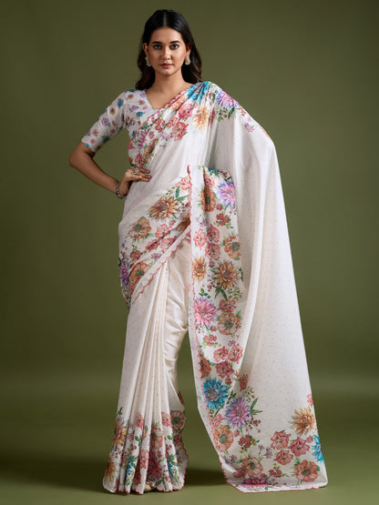 White Party Wear Tussar Silk Printed Saree