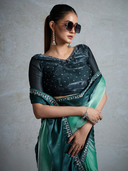 Sea Party Wear Satin Embellished Saree
