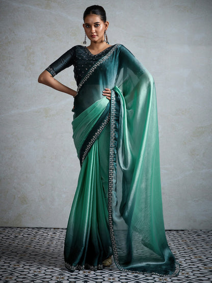 Sea Green Sea Party Wear Satin Embellished Saree