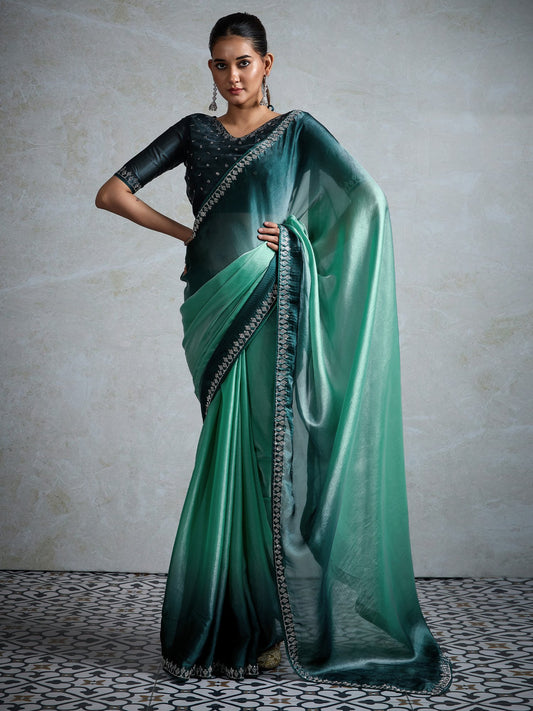 Sea Green Sea Party Wear Satin Embellished Saree