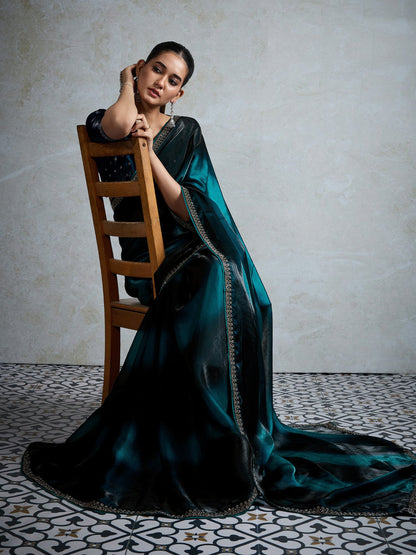 Blue Party Wear Satin Embellished Saree
