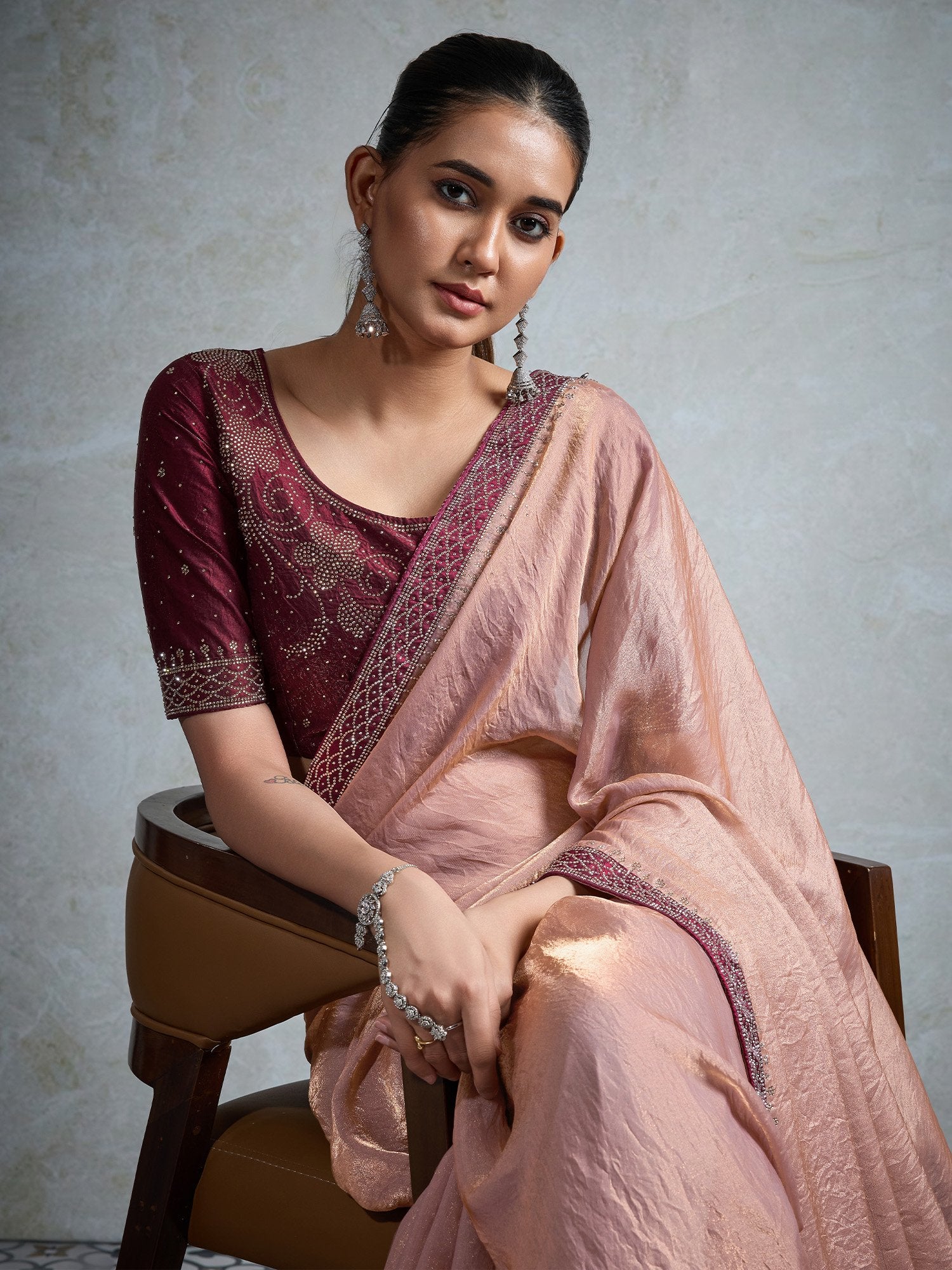 Rose Party Wear Satin Embellished Saree