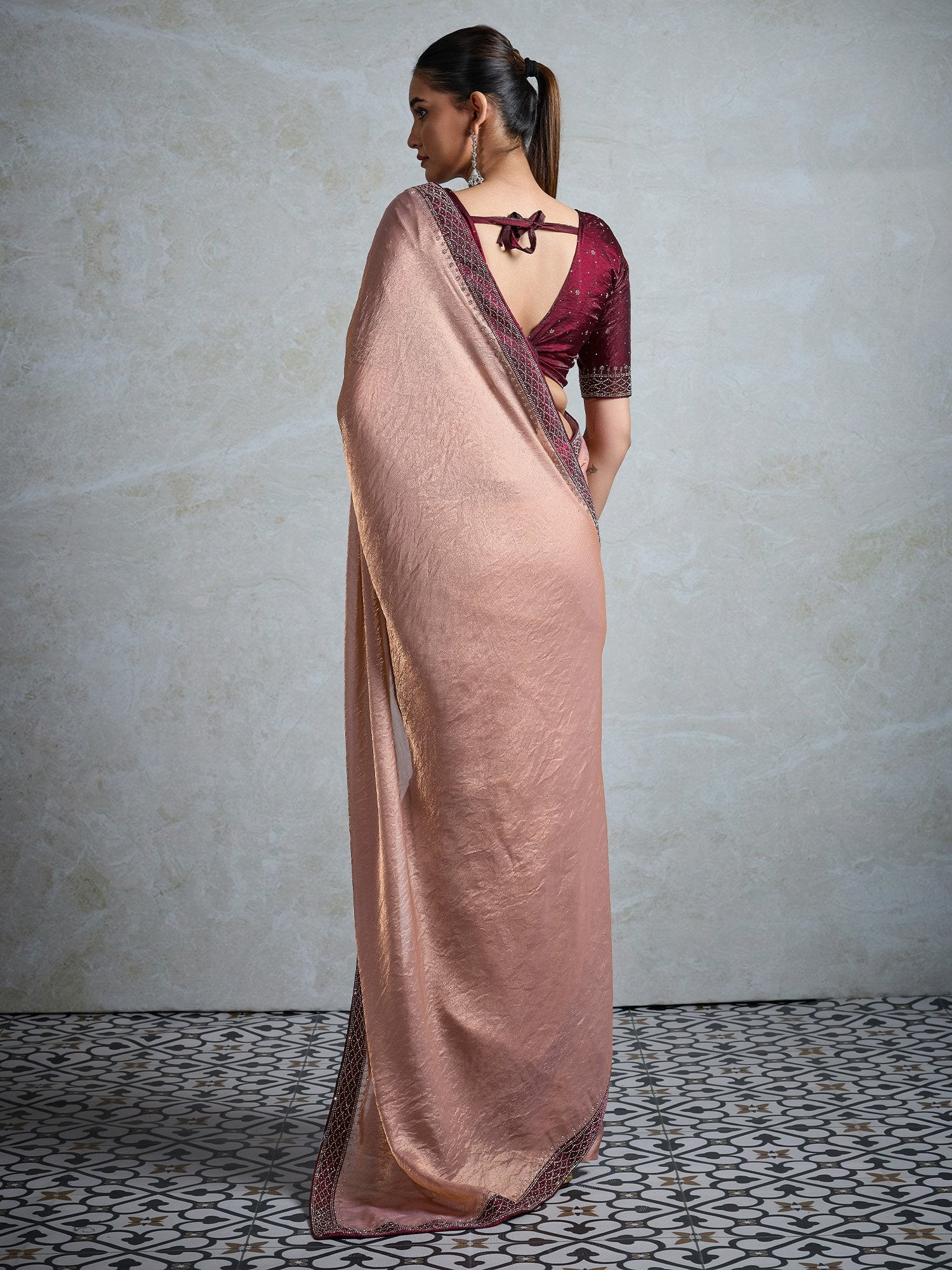 Rose Party Wear Satin Embellished Saree