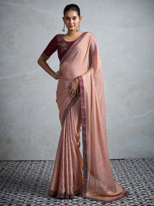 Pink Rose Party Wear Satin Embellished Saree