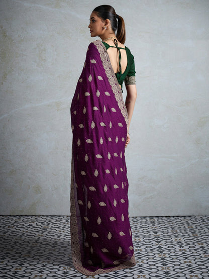 Purple Party Wear Vichitra Silk Embellished Saree