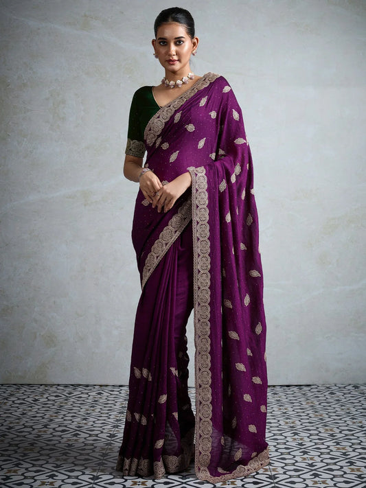 Purple Purple Party Wear Vichitra Silk Embellished Saree