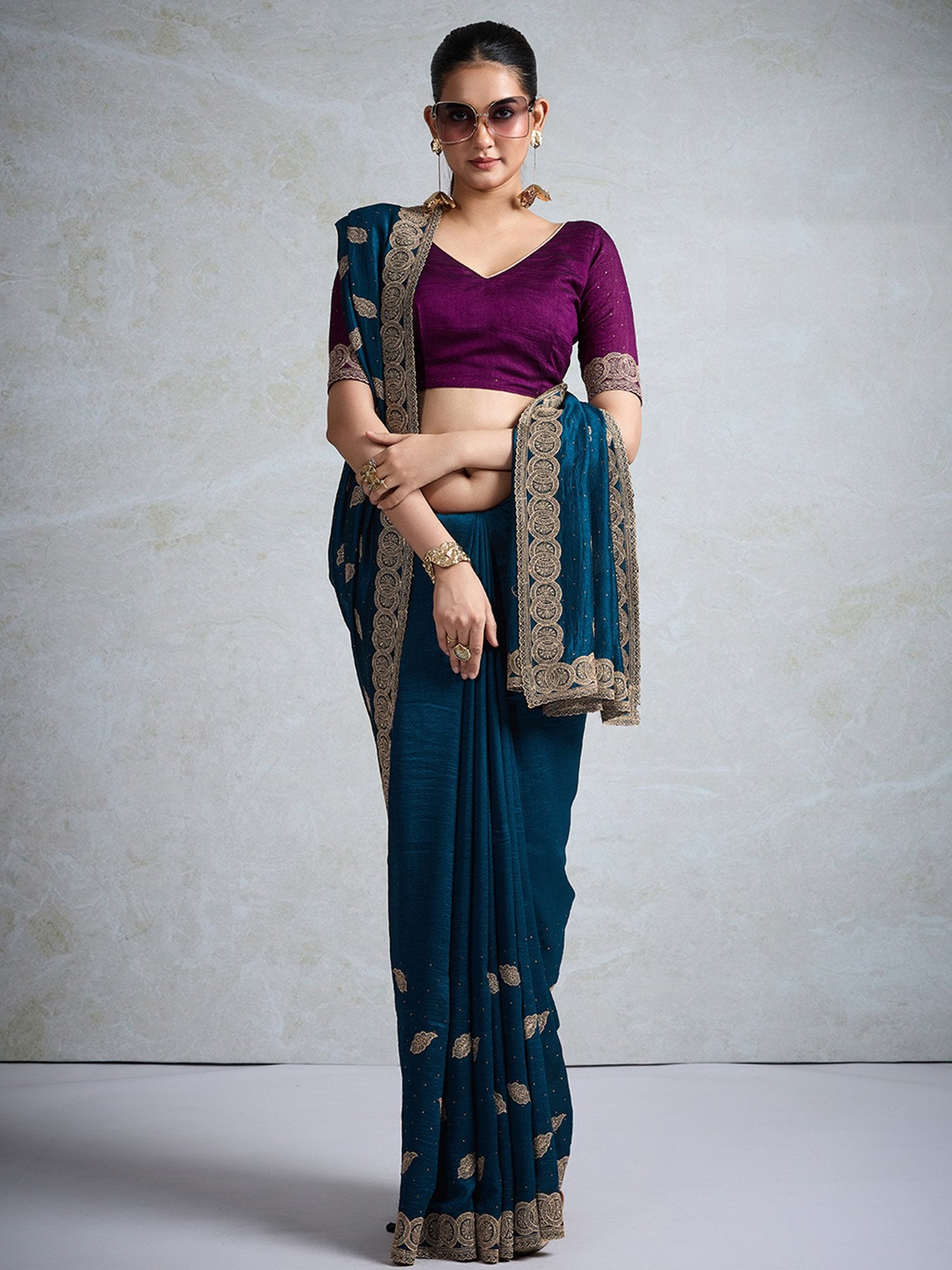 Teal Blue Party Wear Vichitra Silk Embellished Saree