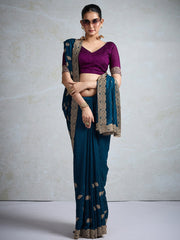 Teal Blue Party Wear Vichitra Silk Embellished Saree