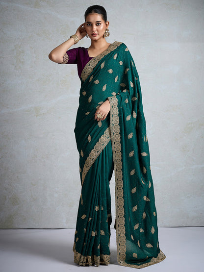 Teal Party Wear Vichitra Silk Embellished Saree