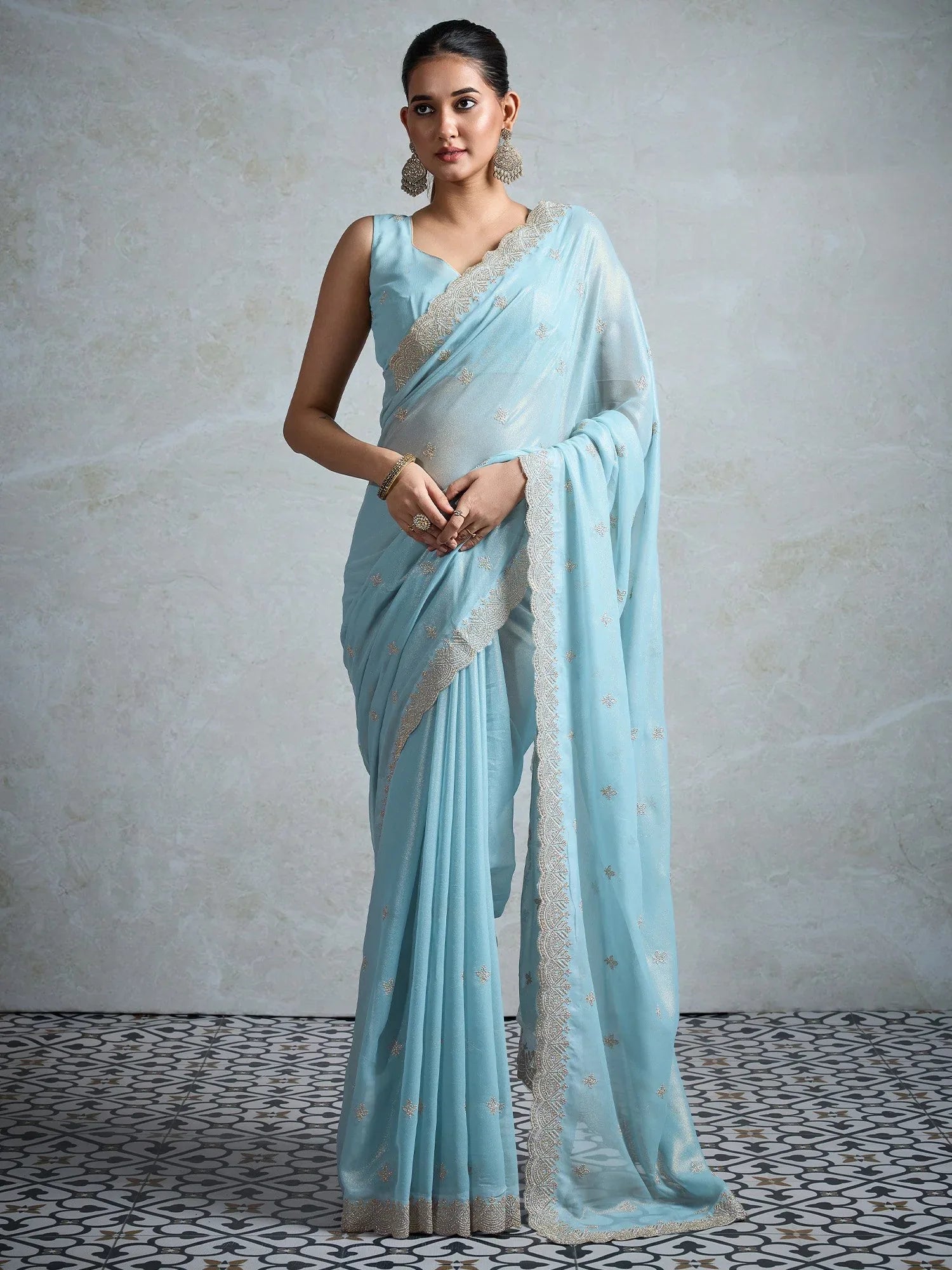 Blue Light Party Wear Georgette Zari Embroidered Saree