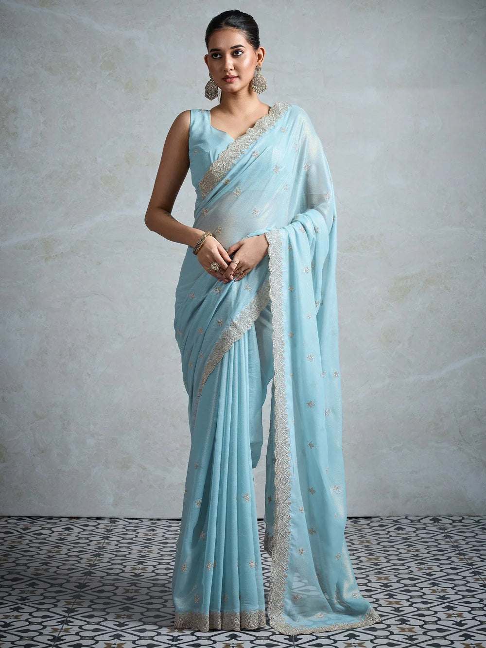 Blue Light Party Wear Georgette Zari Embroidered Saree