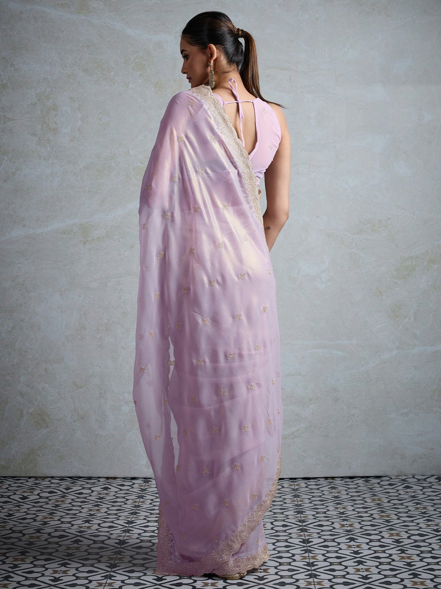 Lavendar Party Wear Georgette Zari Embroidered Saree