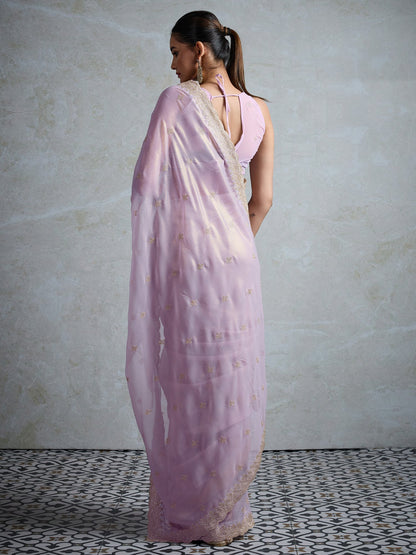 Lavendar Party Wear Georgette Zari Embroidered Saree