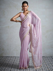 Lavender Lavendar Party Wear Georgette Zari Embroidered Saree