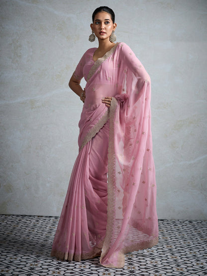 Pink Party Wear Georgette Zari Embroidered Saree