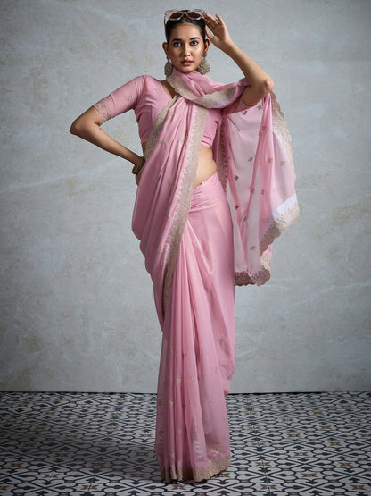 Pink Party Wear Georgette Zari Embroidered Saree