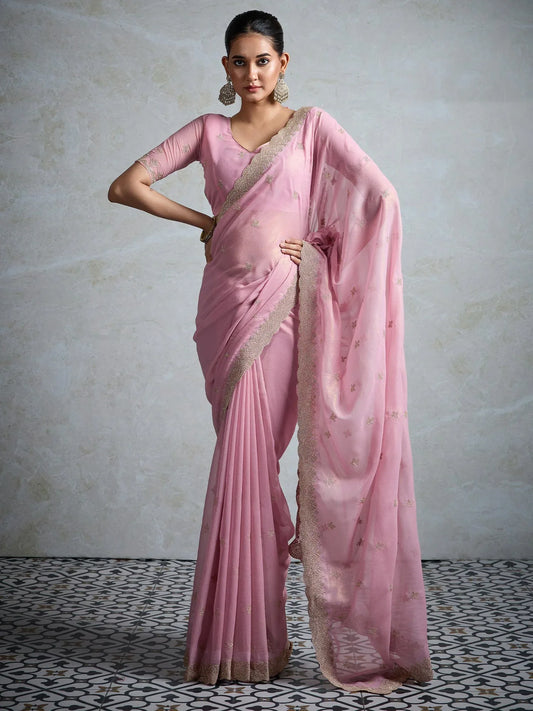 Pink Pink Party Wear Georgette Zari Embroidered Saree