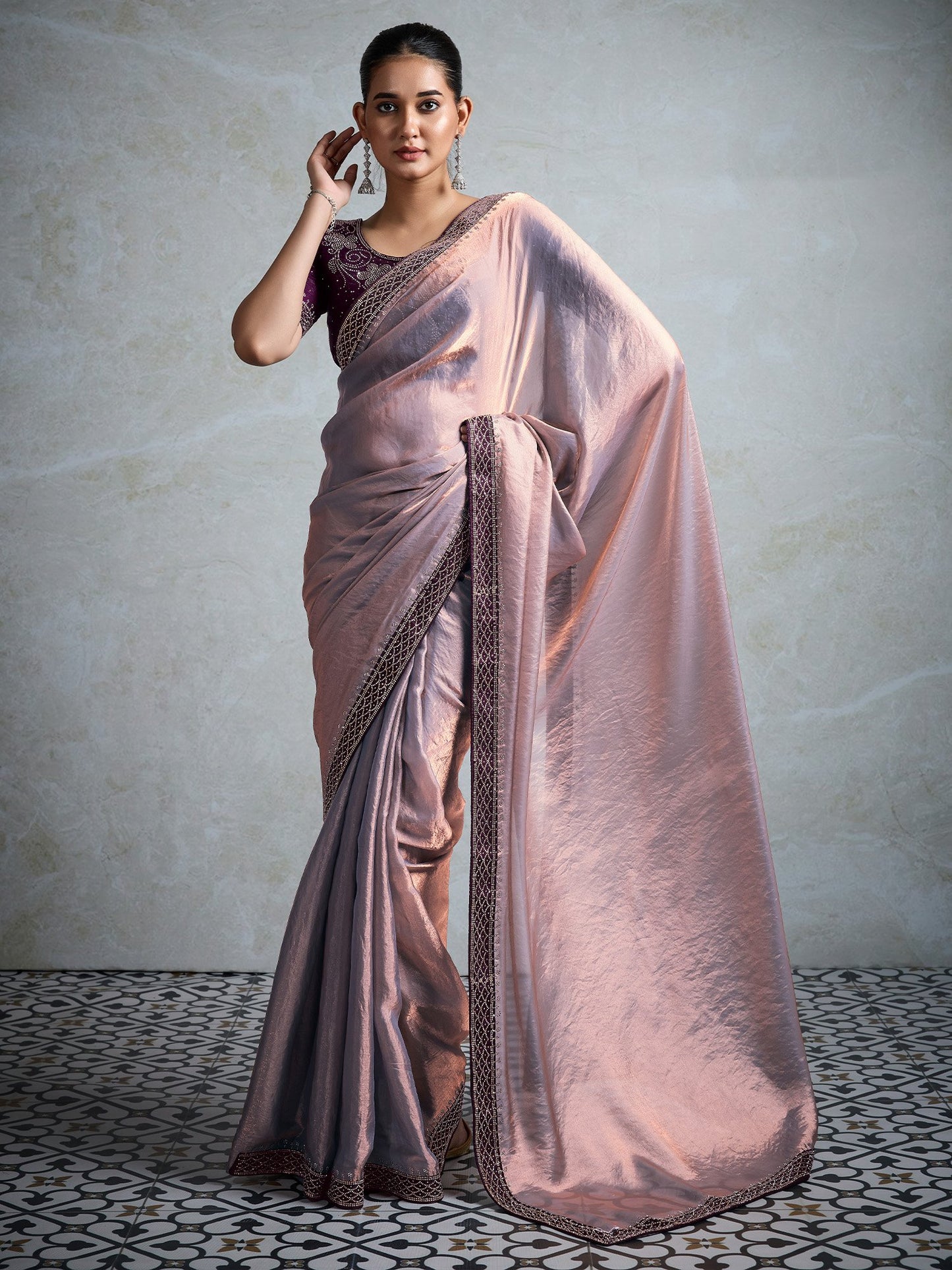 Metallic Party Wear Satin Embellished Saree