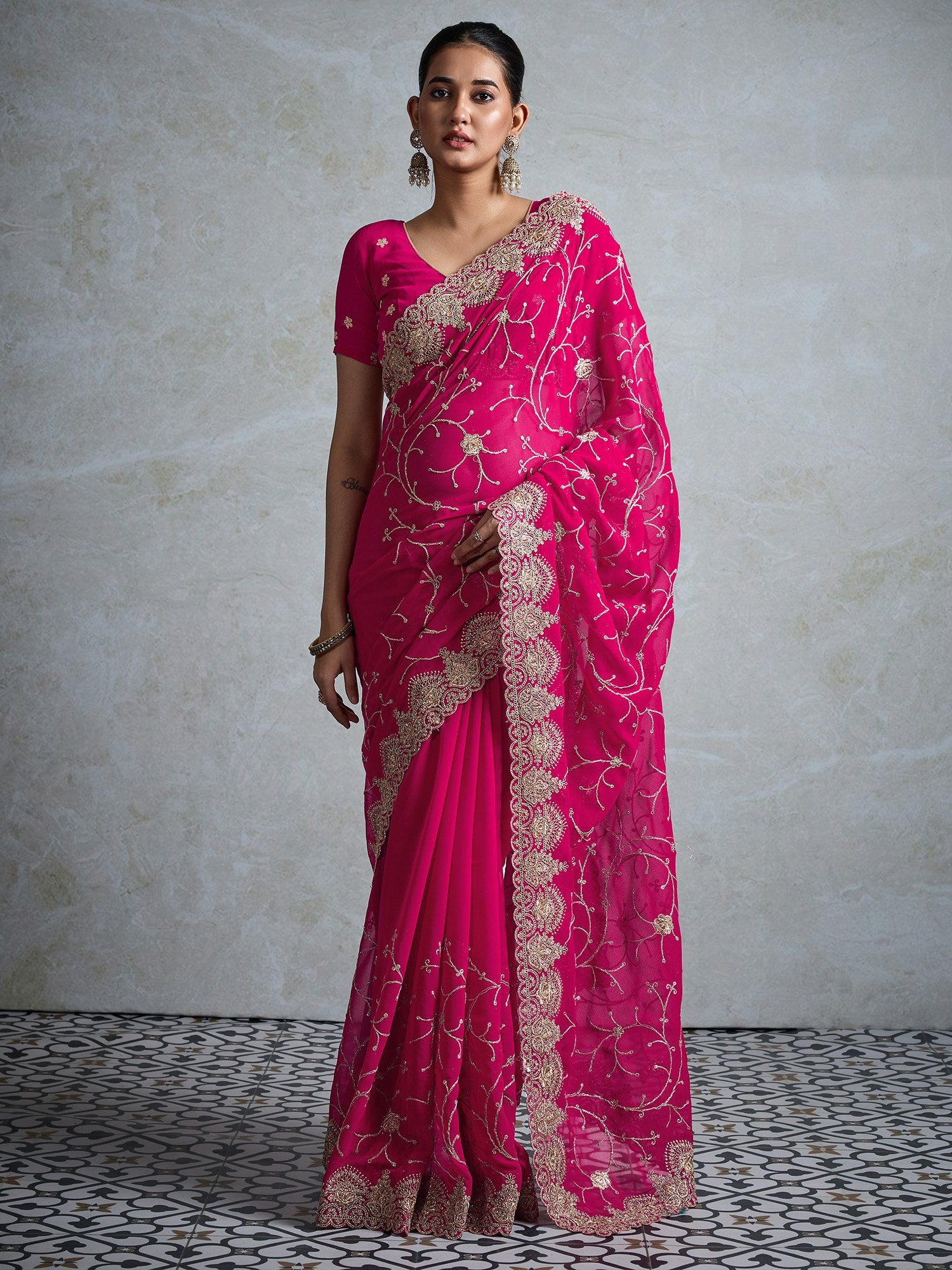 Pink Pink Party Wear Georgette Embroidered Saree