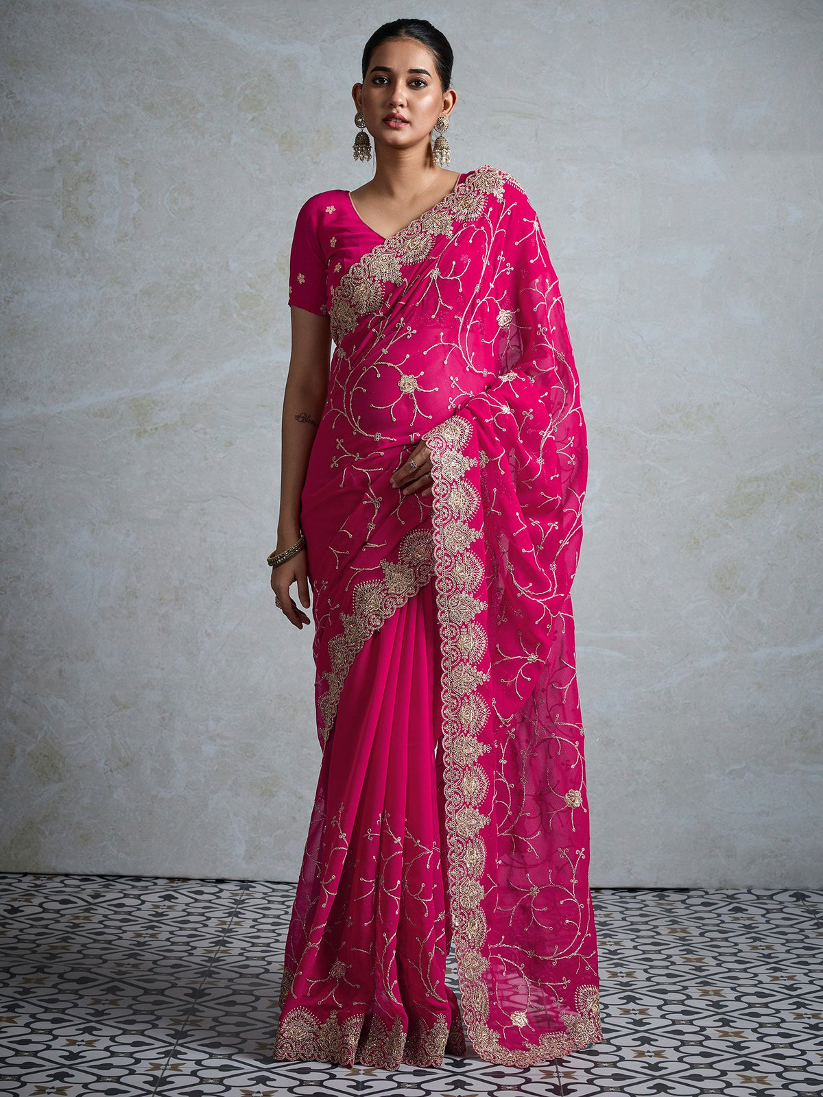Pink Pink Party Wear Georgette Embroidered Saree