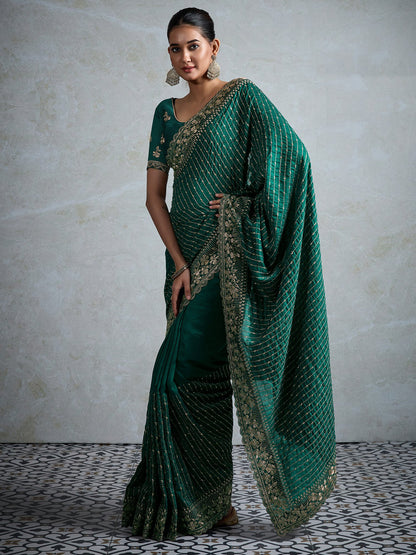 Teal Party Wear Vichitra Silk Embellished Saree
