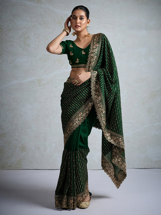 Green Dark Party Wear Vichitra Silk Embellished Saree