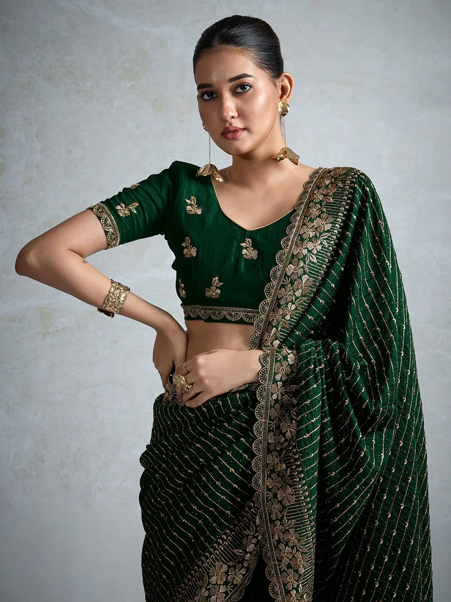 Dark Green Party Wear Vichitra Silk Embellished Saree