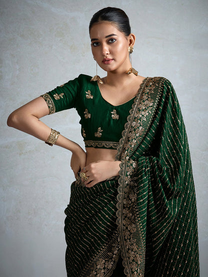 Dark Party Wear Vichitra Silk Embellished Saree