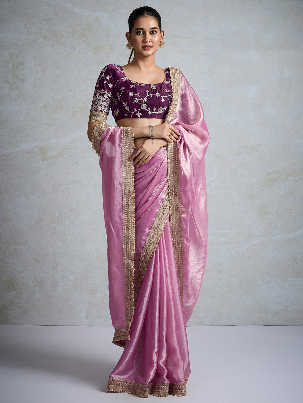 Pink Pink Party Wear Pure Chiffon Embellished Saree