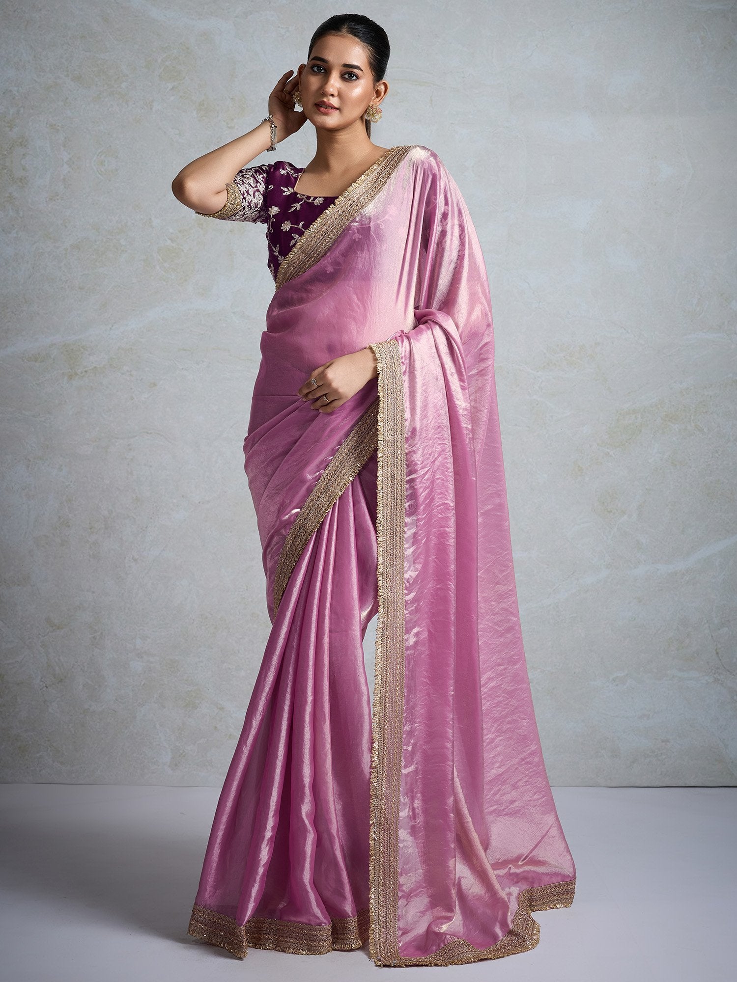Pink Party Wear Pure Chiffon Embellished Saree