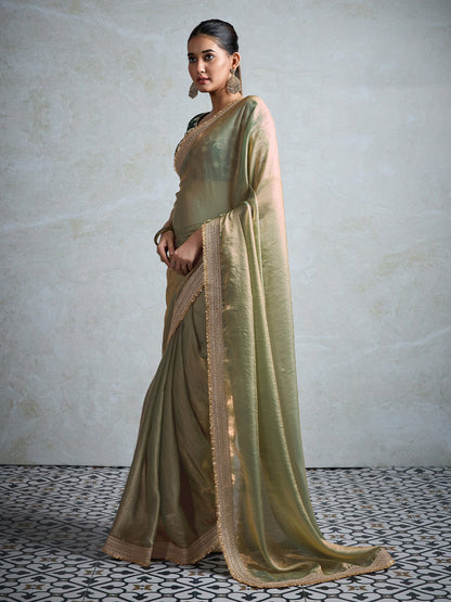 Olive Party Wear Pure Chiffon Embellished Saree
