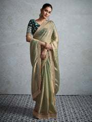 Olive Party Wear Pure Chiffon Embellished Saree