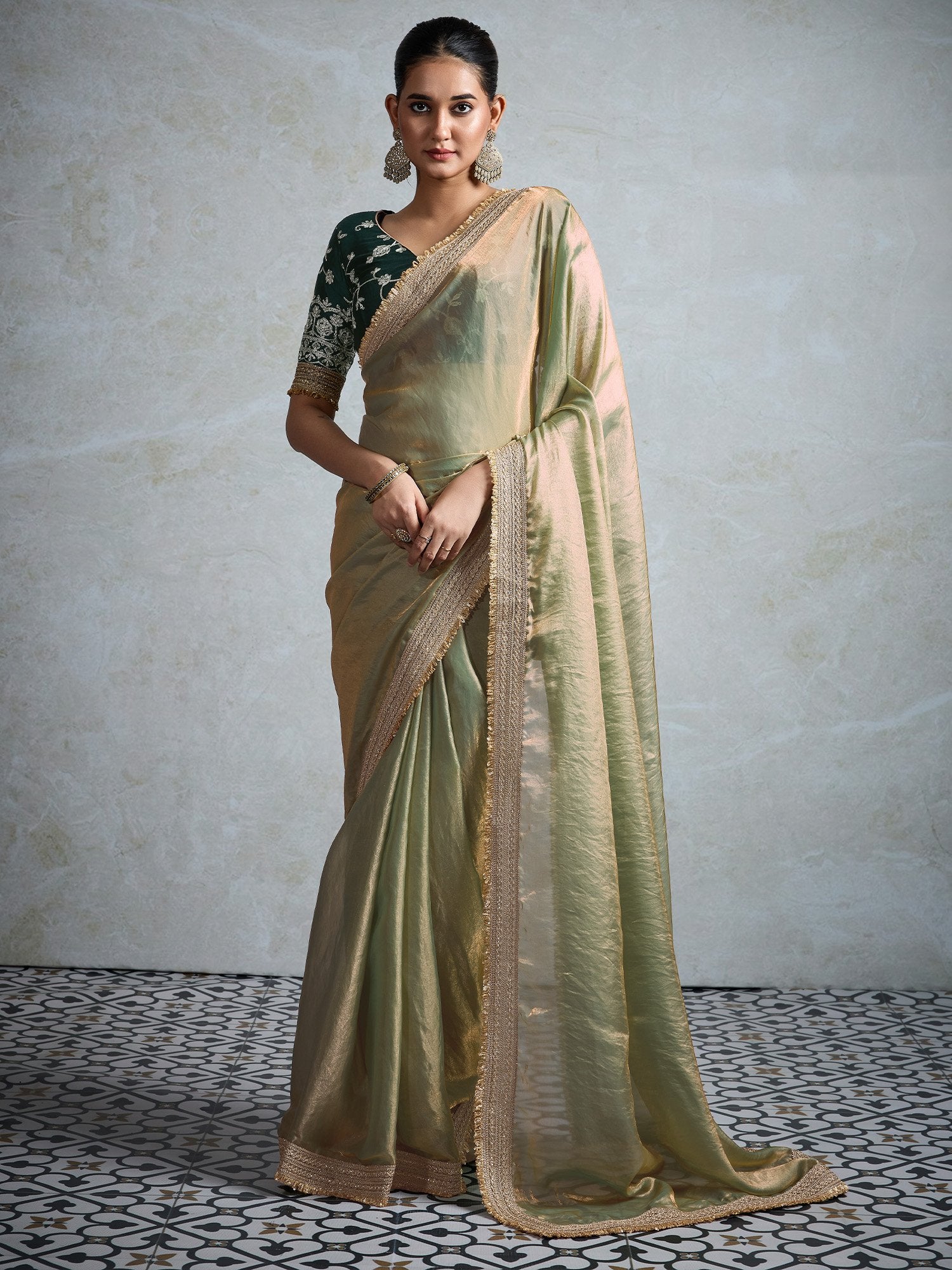 Green Olive Party Wear Pure Chiffon Embellished Saree