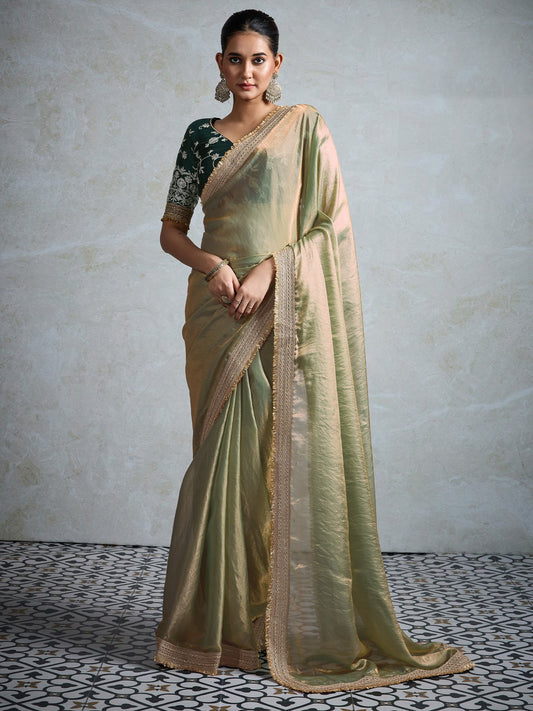 Green Olive Party Wear Pure Chiffon Embellished Saree