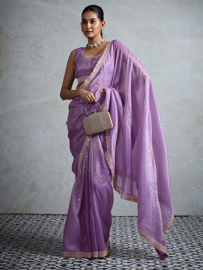 Lavendar Party Wear Tissue Embellished Saree