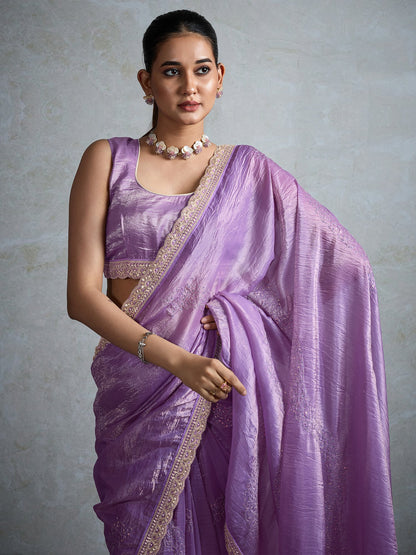 Lavendar Party Wear Tissue Embellished Saree