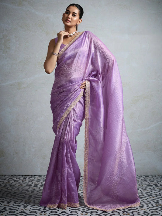 Lavender Lavendar Party Wear Tissue Embellished Saree