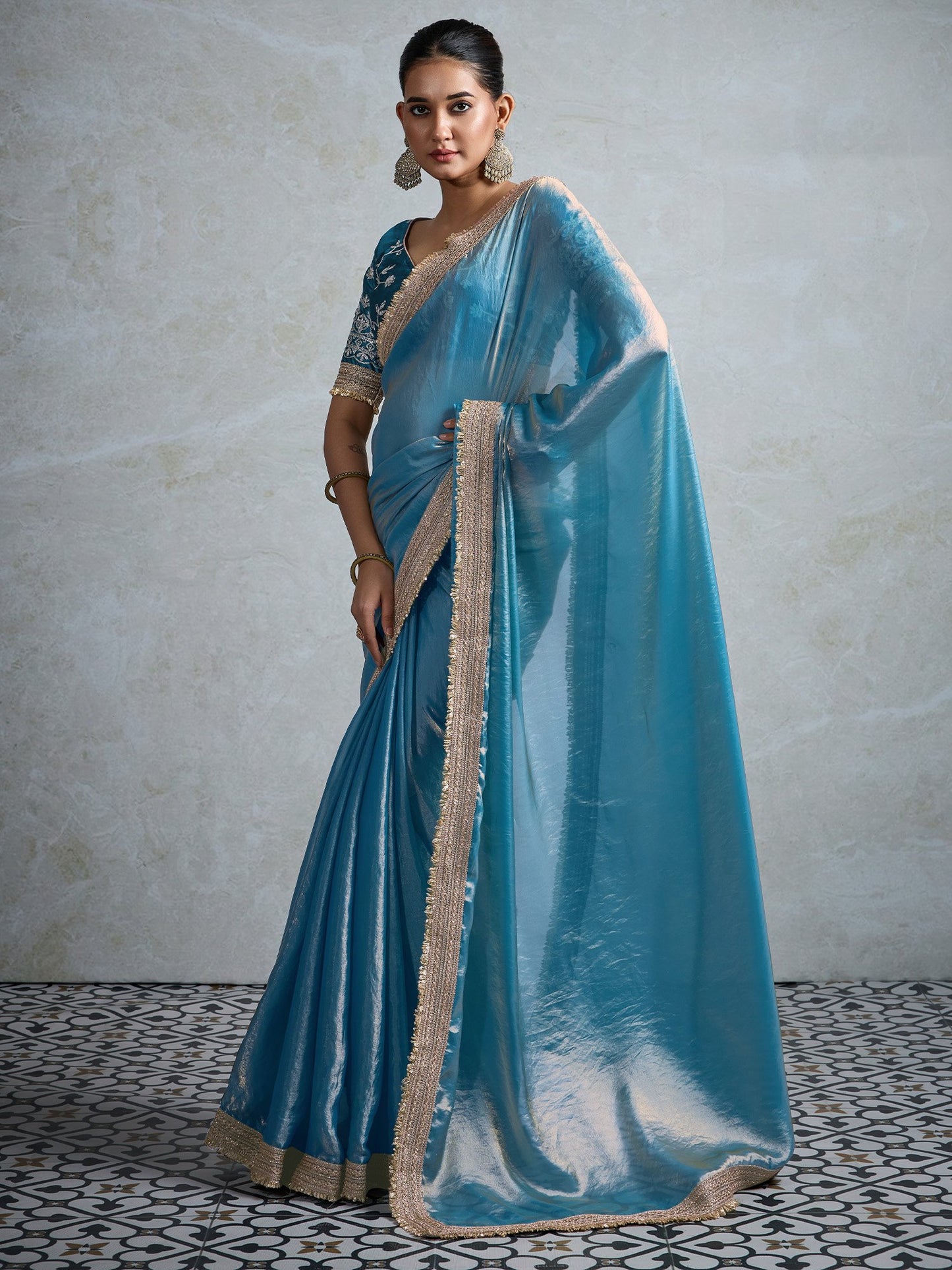 Teal Party Wear Pure Chiffon Embellished Saree