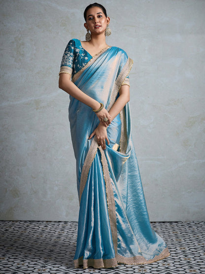 Teal Party Wear Pure Chiffon Embellished Saree