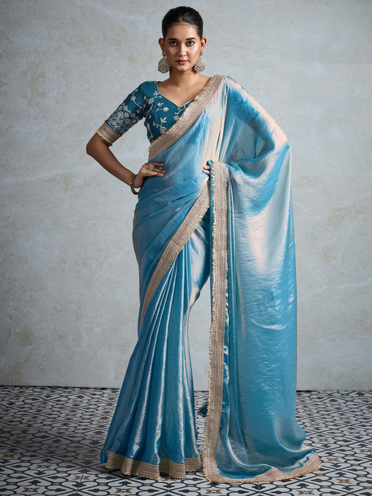 blue Teal Party Wear Pure Chiffon Embellished Saree