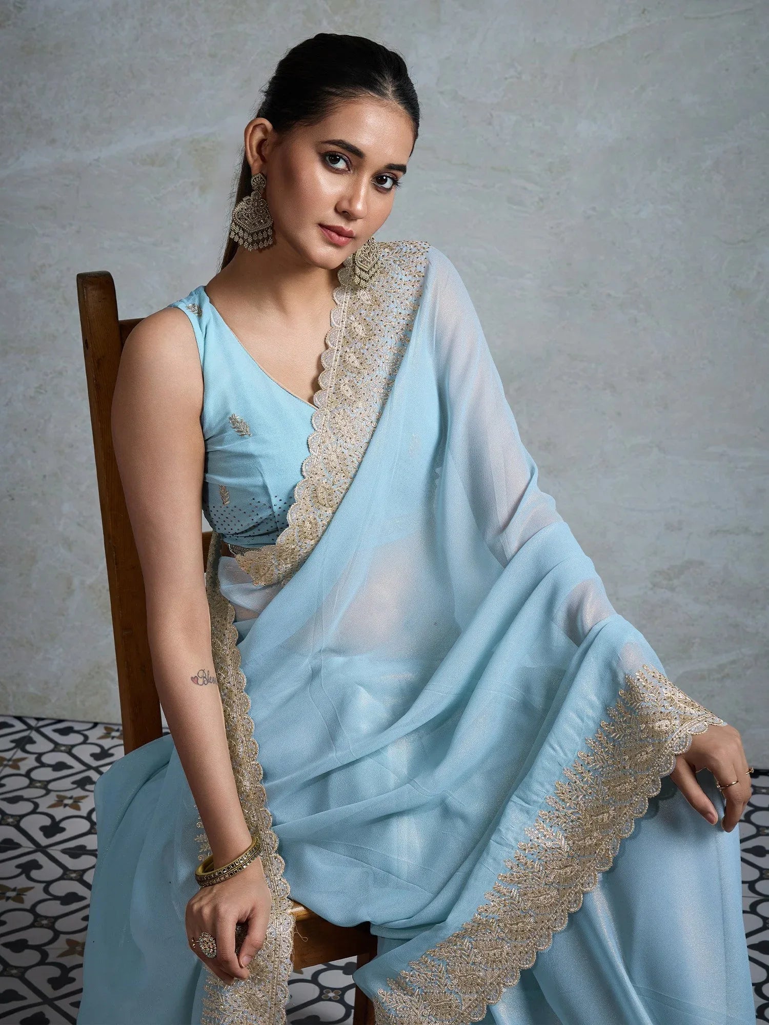 Light Party Wear Georgette Embellished Saree - The Dori Store