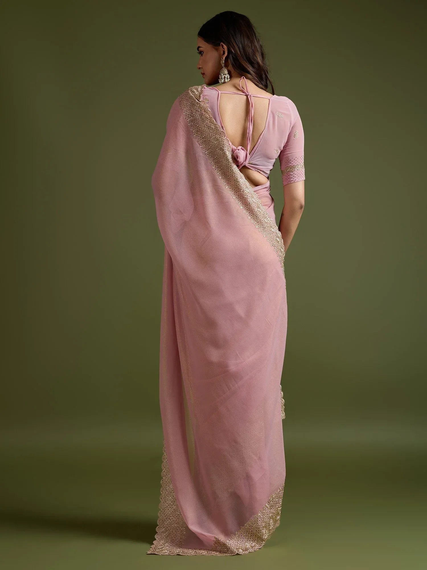 Peach Party Wear Georgette Embellished Saree - The Dori Store