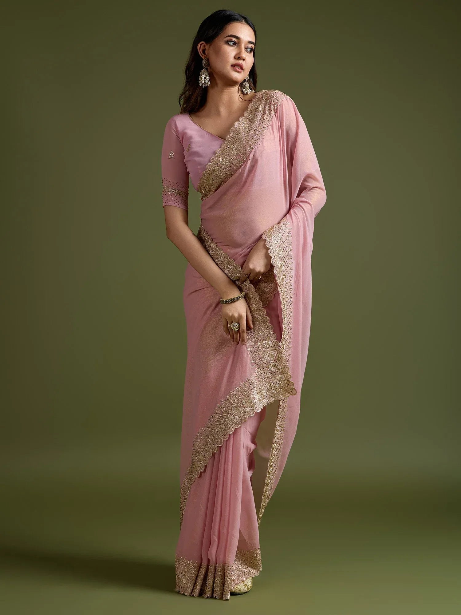 Peach Party Wear Georgette Embellished Saree - The Dori Store
